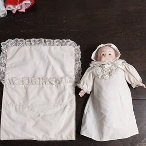 Vintage 1992 Brinns Porcelain White Baby Doll with Lace Gown and Bonnet